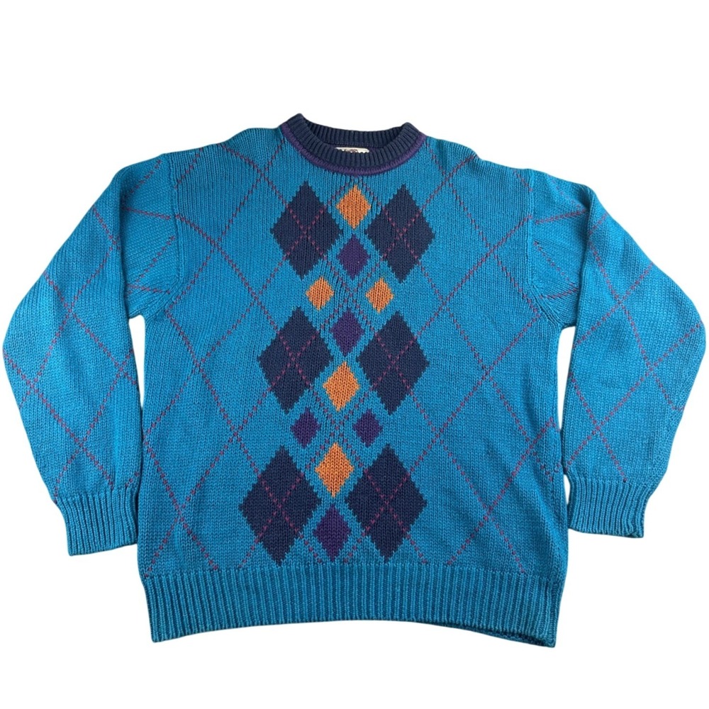 Vintage Sears Roebuck &‎ Co. Sweater XL Blue Argyle Diamond Ramie Hong Kong Made